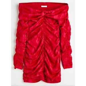 HM Red Off Shoulder Ruched Bodycon Dress L Long Sleeve Clubwear Date Night - NWT